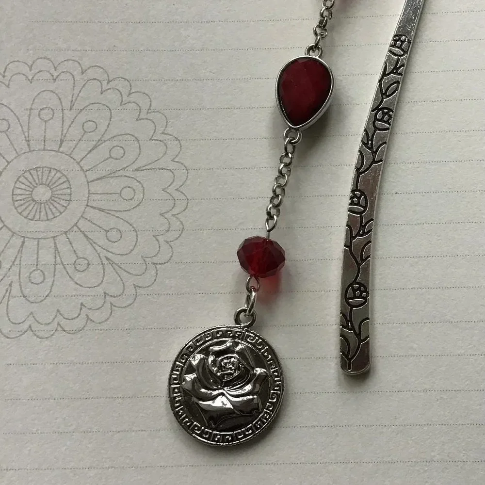 Tibetan Metal Bookmark Rose Engraved Red Garnet Rose‎ Charm